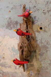3 Cardinals on Driftwood